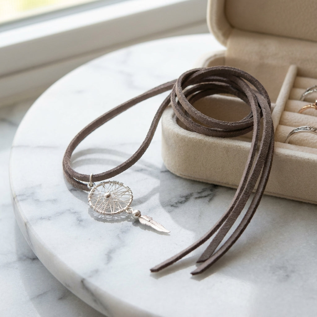 Silver Dream Catcher Pendant with Feather Detail
