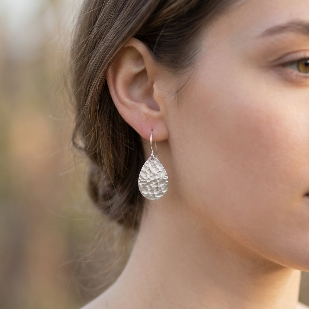 Hammered Teardrop Sterling Silver Earrings for Women