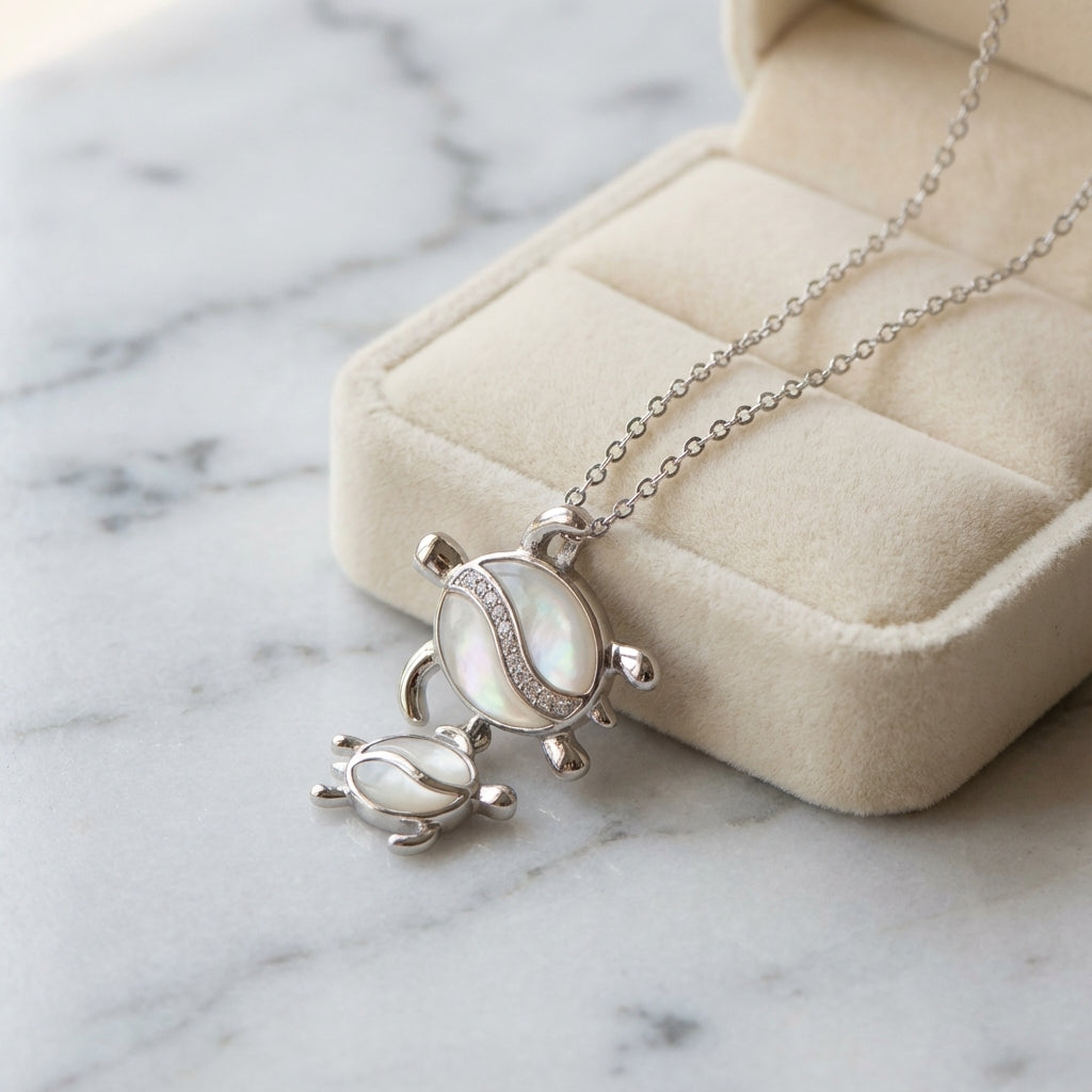 Mother & Baby Sea Turtle Necklace in Sterling Silver