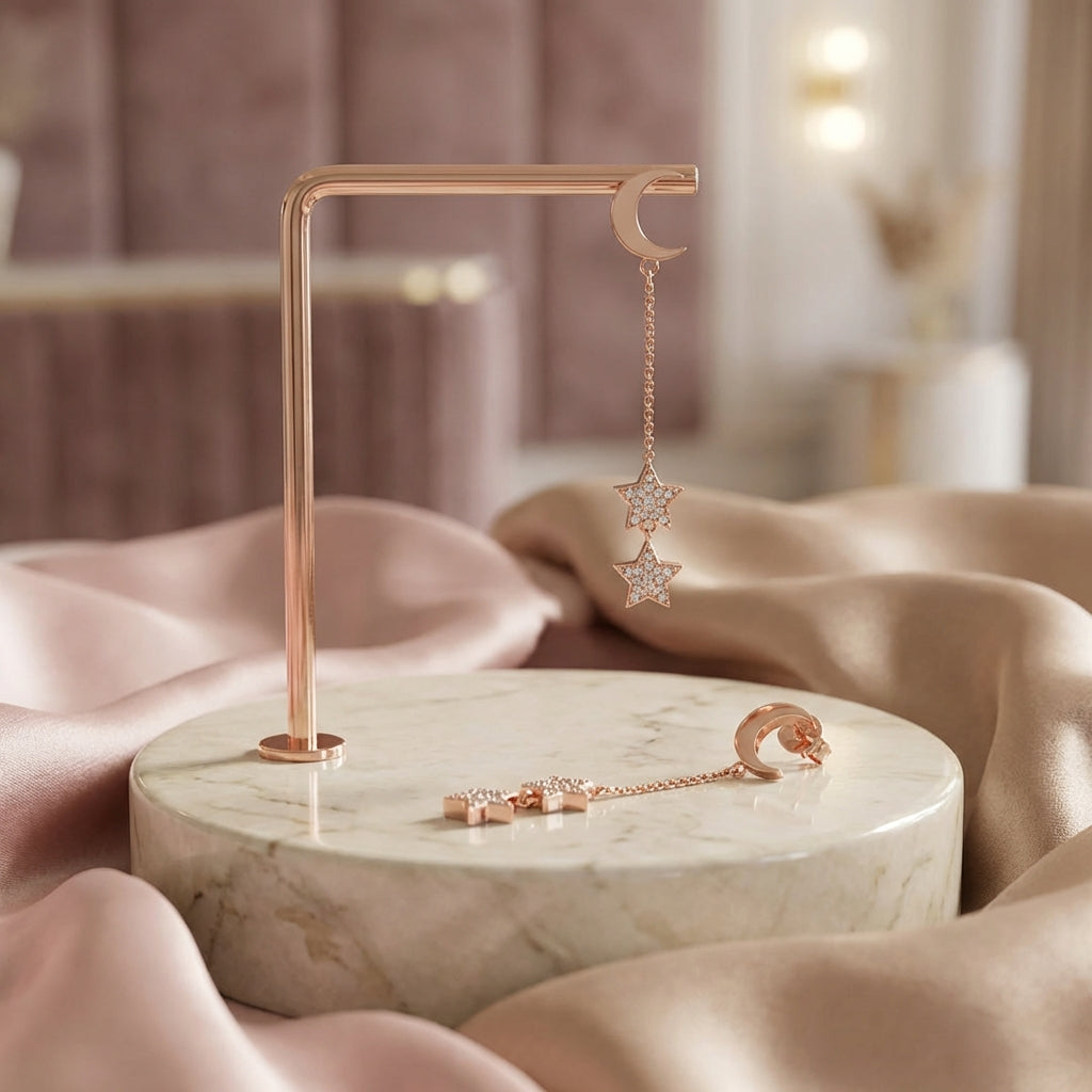 أقراط من الفضة الإسترلينية مرصعة بالذهب الوردي على شكل هلال ونجمة من الزركونيا المكعبة