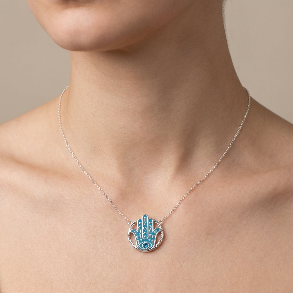 Azure Guardian Hamsa Pendant Necklace in Sterling Silver