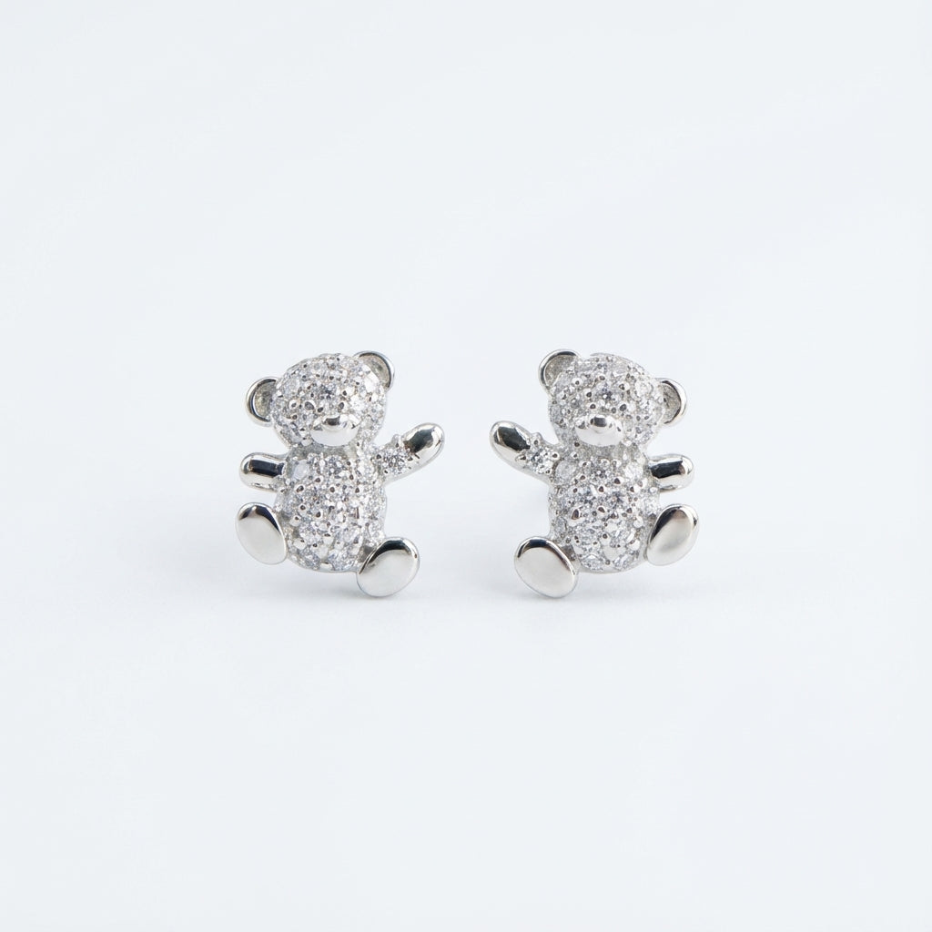 Pavé Teddy Bear Silver Stud Earrings in Sterling