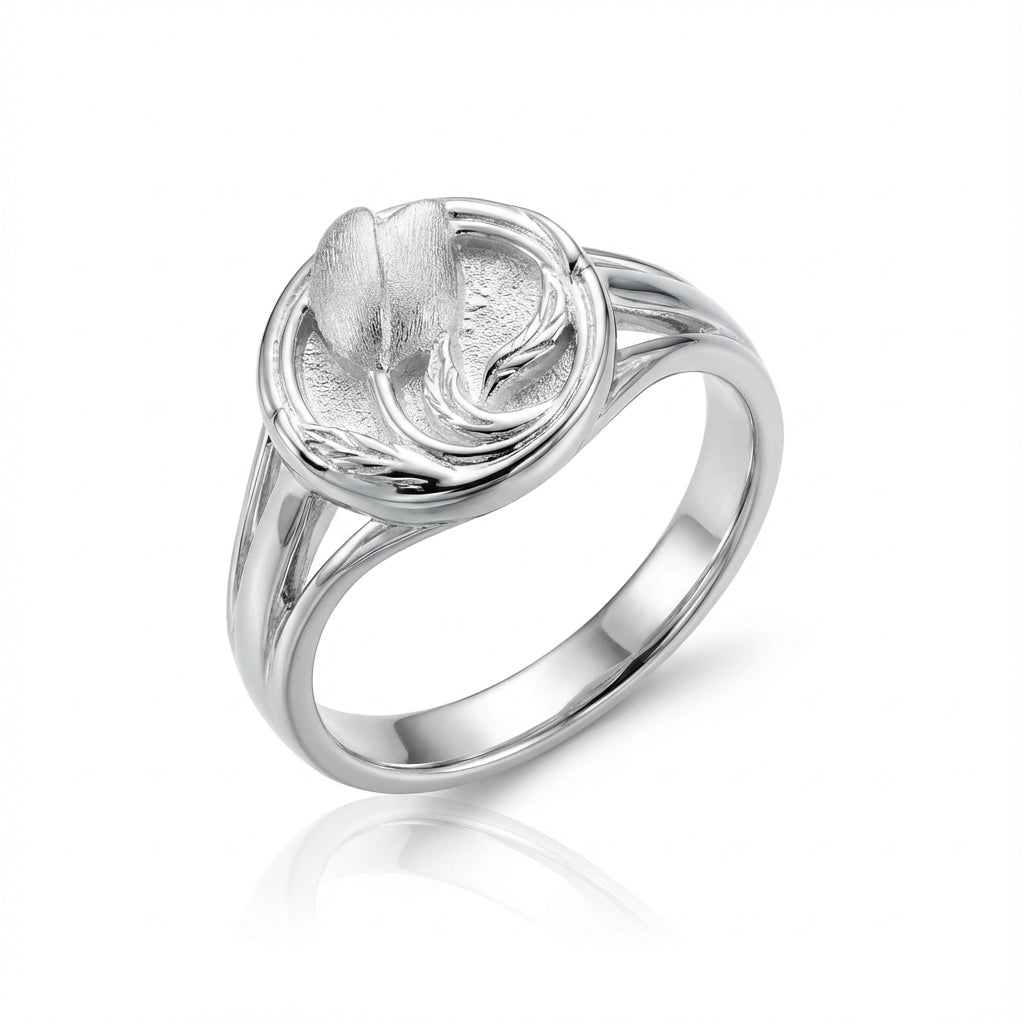 Satin Tulip Silver Ring with Botanical Bypass Design White and Red Enamel