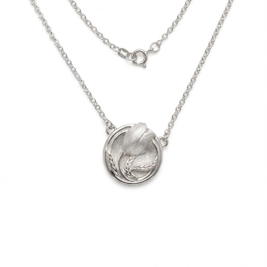 925 Sterling Silver Satin White Tulip Medallion Pendant with Hand-Carved Wheat