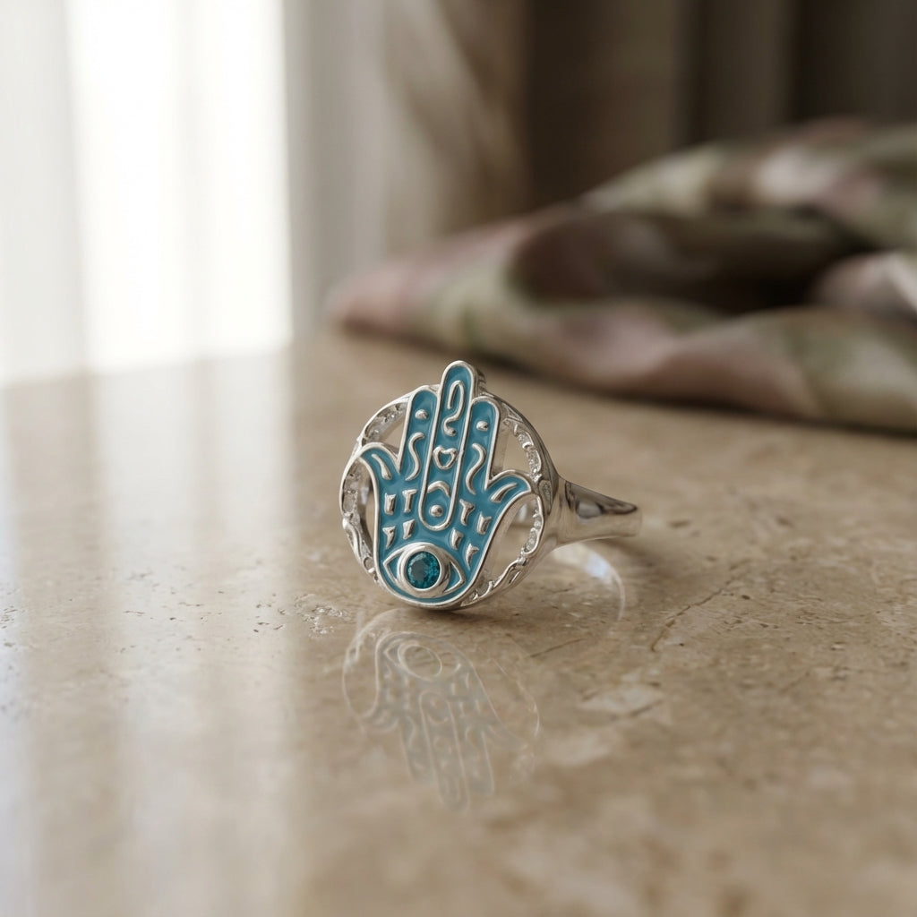 Silver Hamsa Ring with Blue Topaz & Enamel — Azure Guardian Talisman