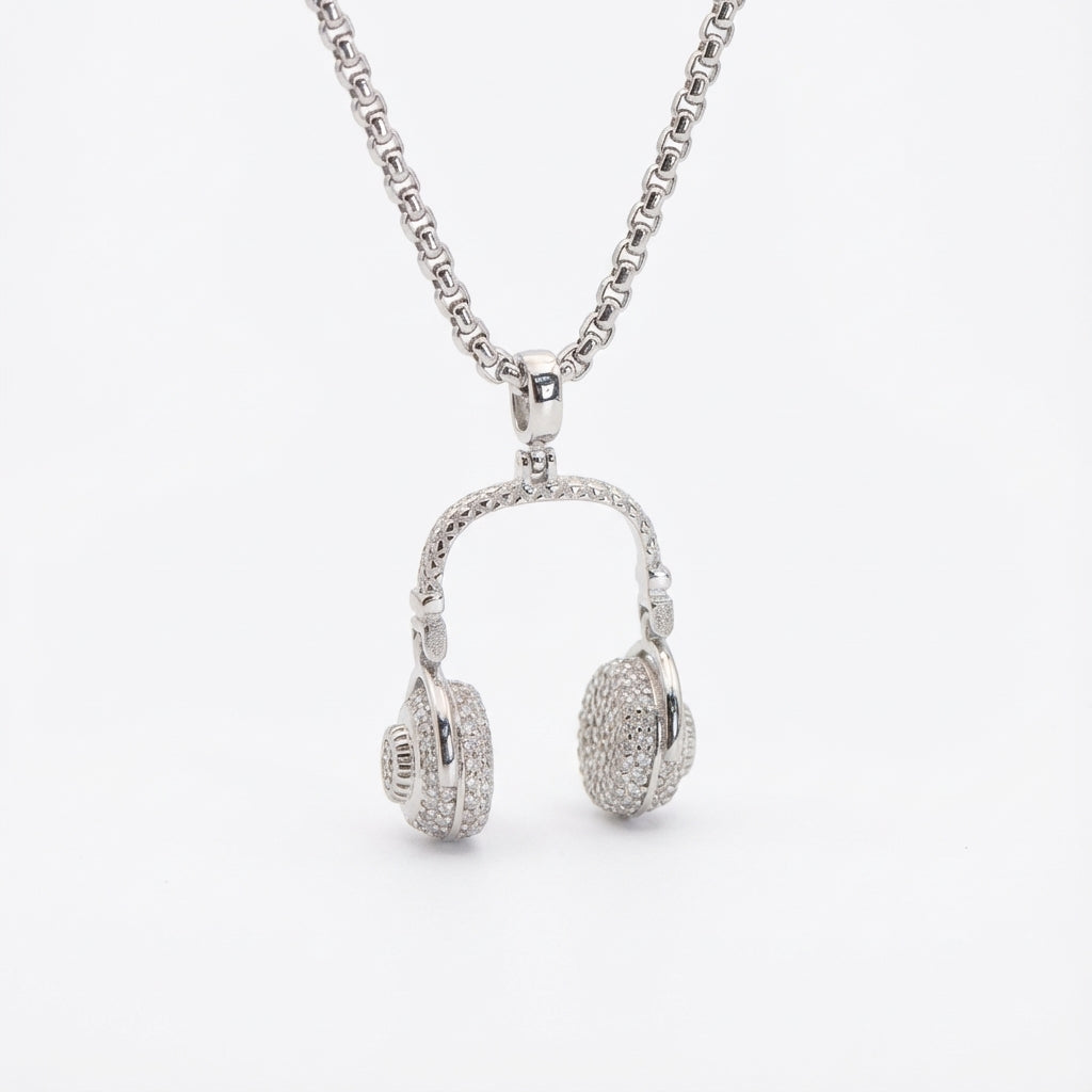 Iced DJ Headphone Pendant in 925 Sterling Silver with CZ Detailing