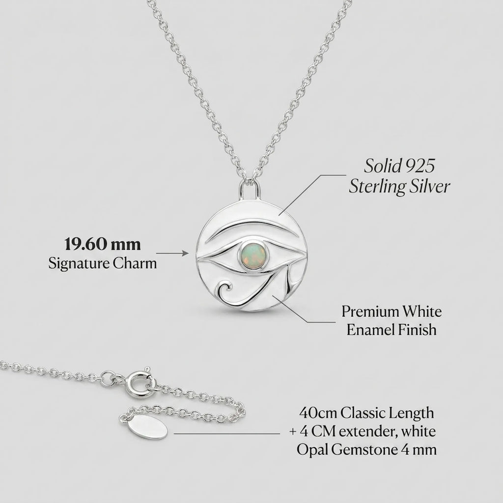 Silver necklace with eye-shaped pendant on a light gray background, with information of materials details 