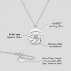 Silver necklace with eye-shaped pendant on a light gray background, with information of materials details 