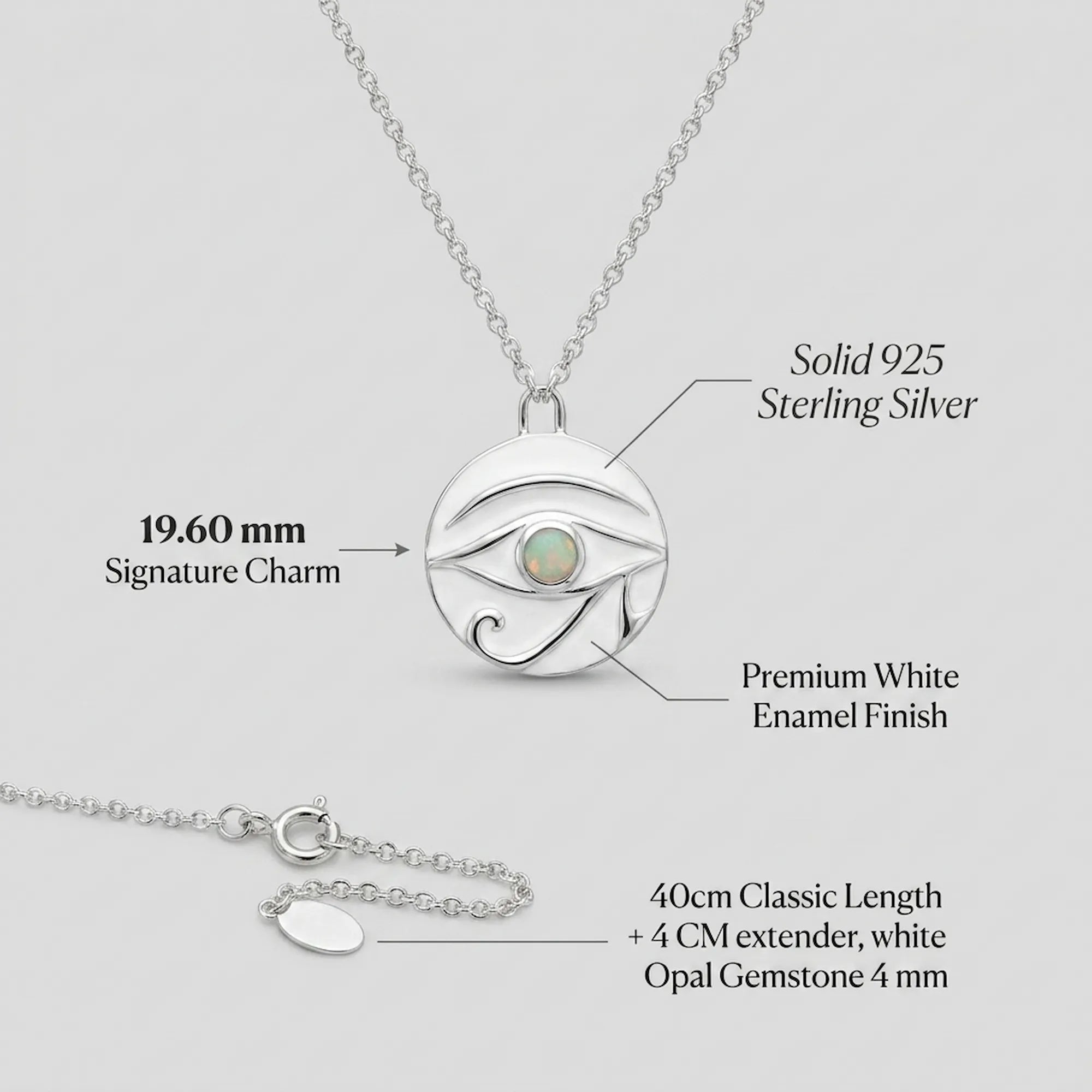 Silver necklace with eye-shaped pendant on a light gray background, with information of materials details 