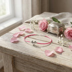 سوار فضي على شكل قلب مع خيط مطاطي وردي فاقع