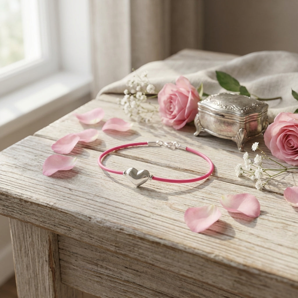 Silver Heart Bracelet on Vivid Pink Rubber Cord