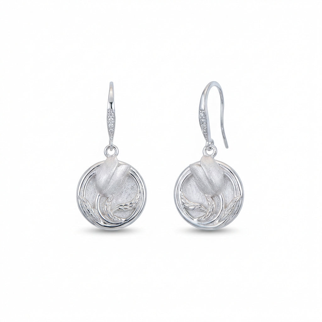 Sculpted Tulip Floral Dangle Earrings in 925 Sterling Silver – White Satin & Cherry Red Enamel