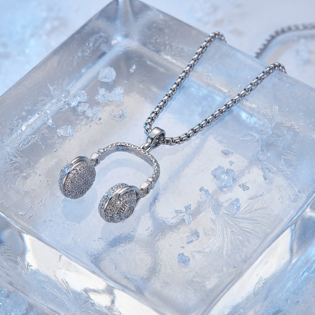 Iced DJ Headphone Pendant in 925 Sterling Silver with CZ Detailing