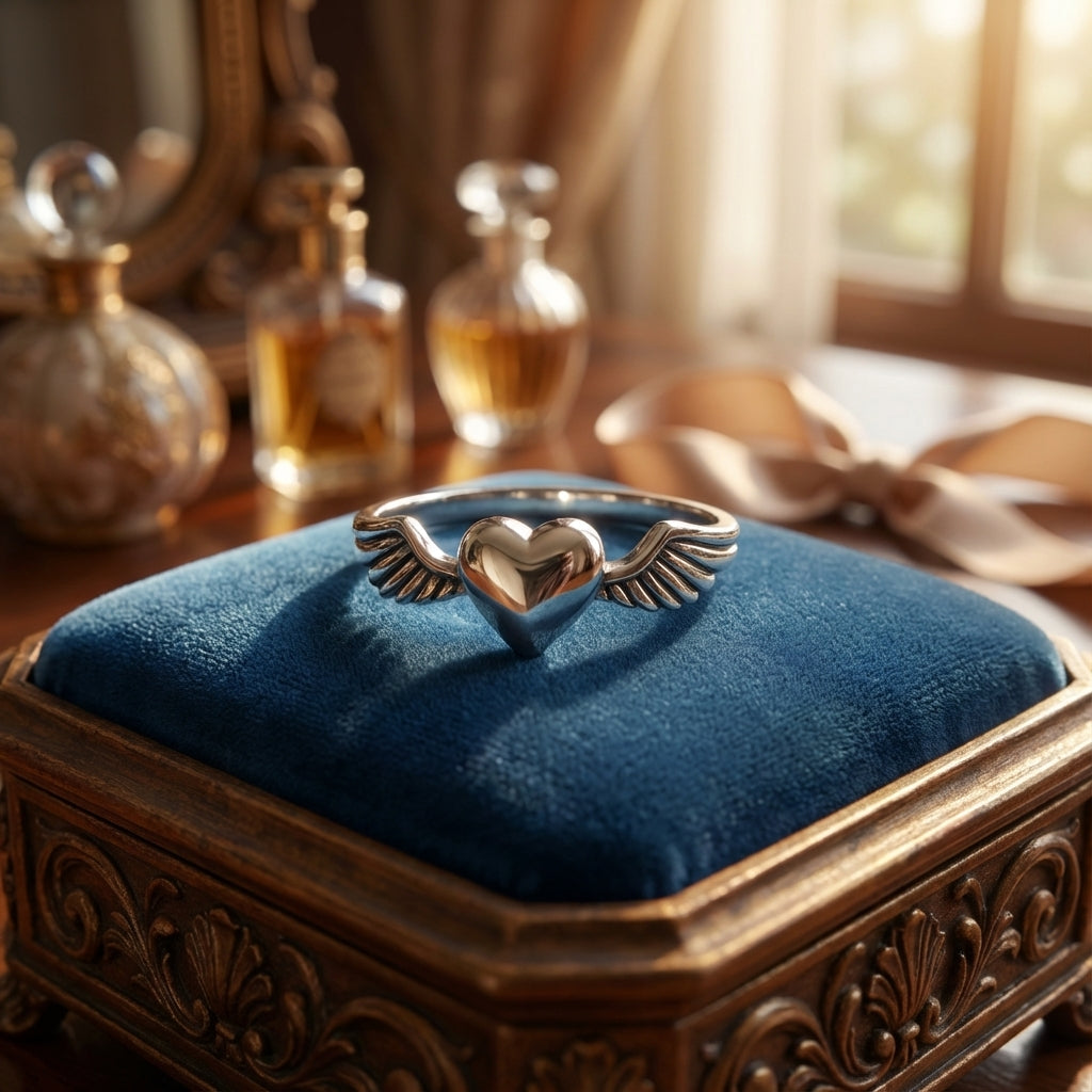 Oxidized Silver Heart Ring with Sculpted Feathered Band