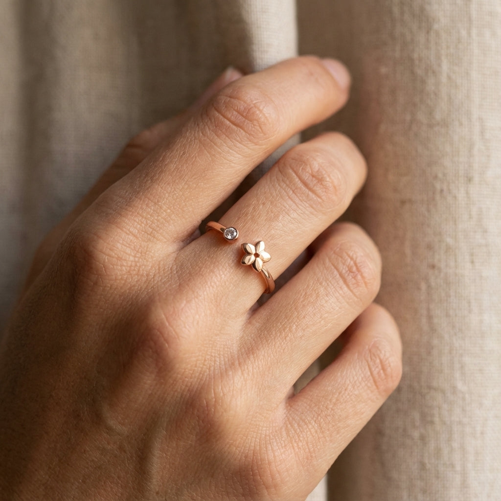 gold-plated open ring with five-petal flower and rhinestone inspired by jasmine on 925 silver