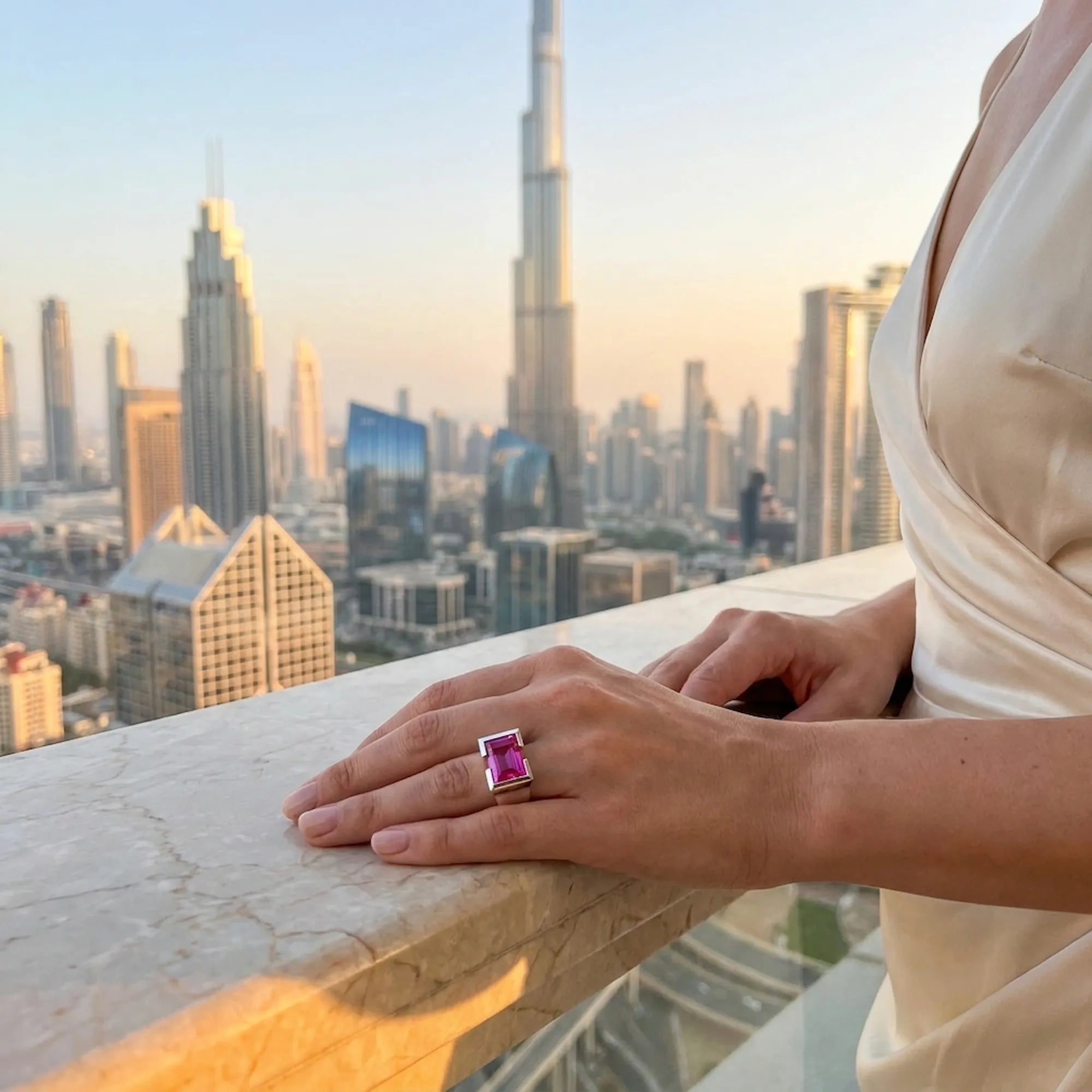 Model wearing a magenta ring with a burj kahlifa skyline in the background