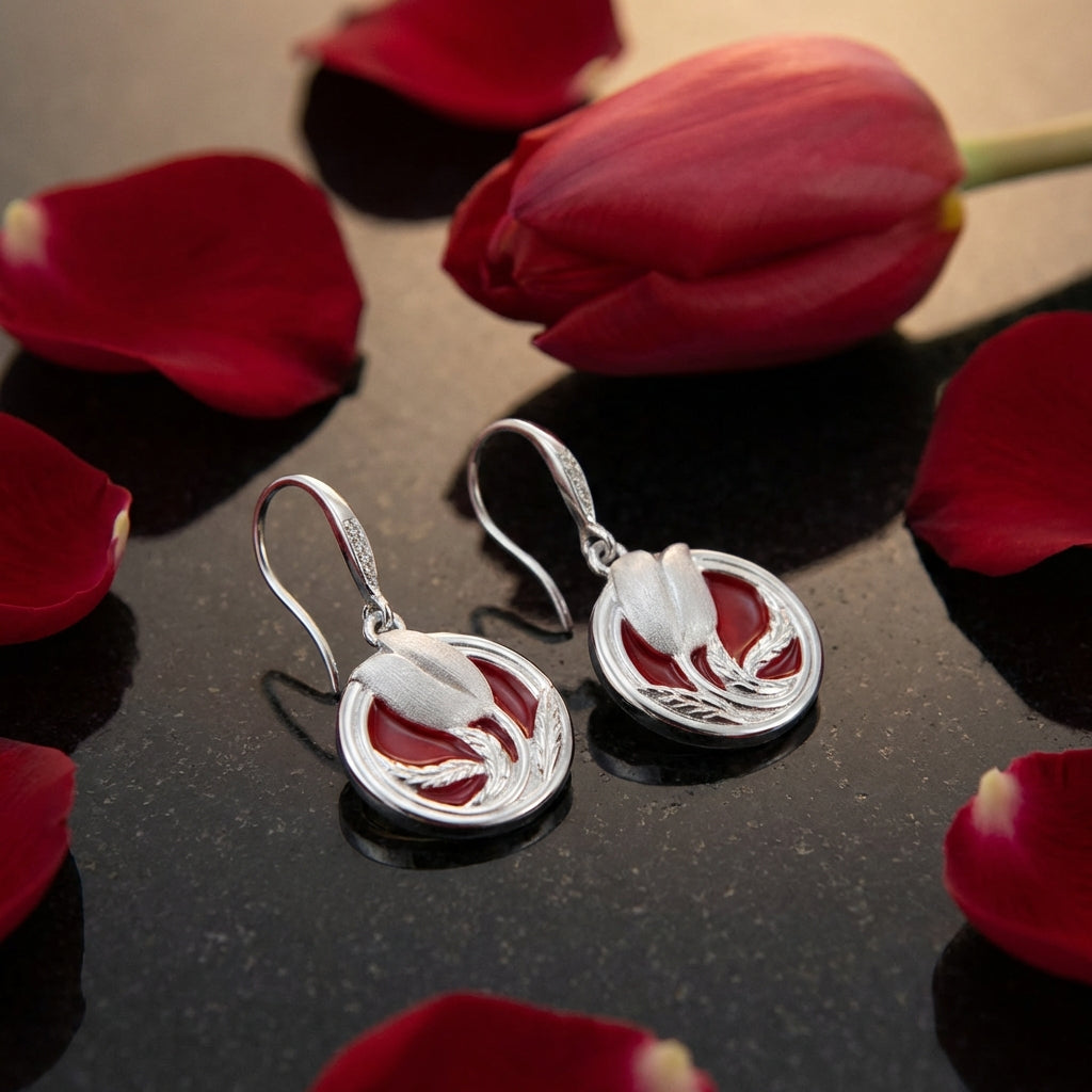 Sculpted Tulip Floral Dangle Earrings in 925 Sterling Silver – White Satin & Cherry Red Enamel