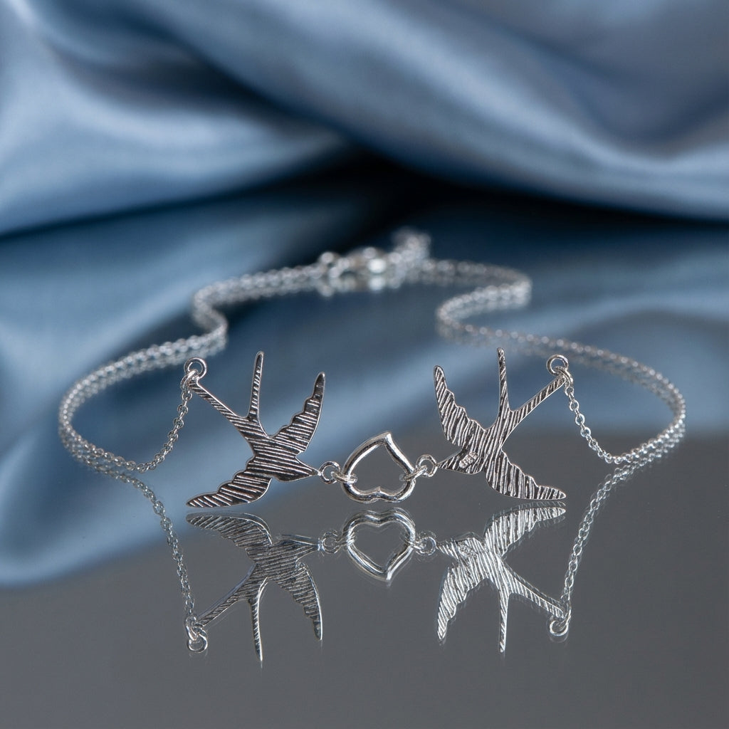 Couples Silver Swallow Birds Necklace with Heart Love Icon