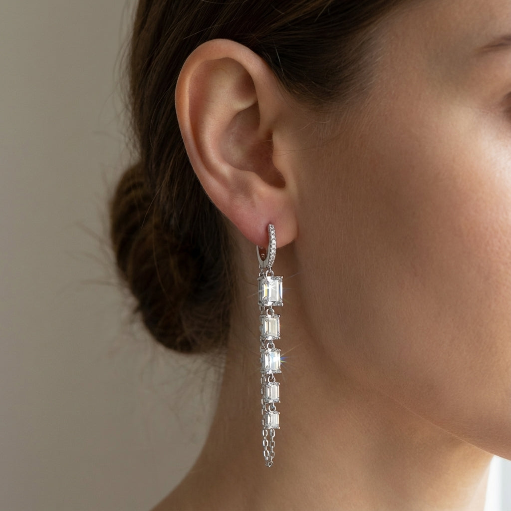 Silver Chain Baguette Cut Dangle Earrings