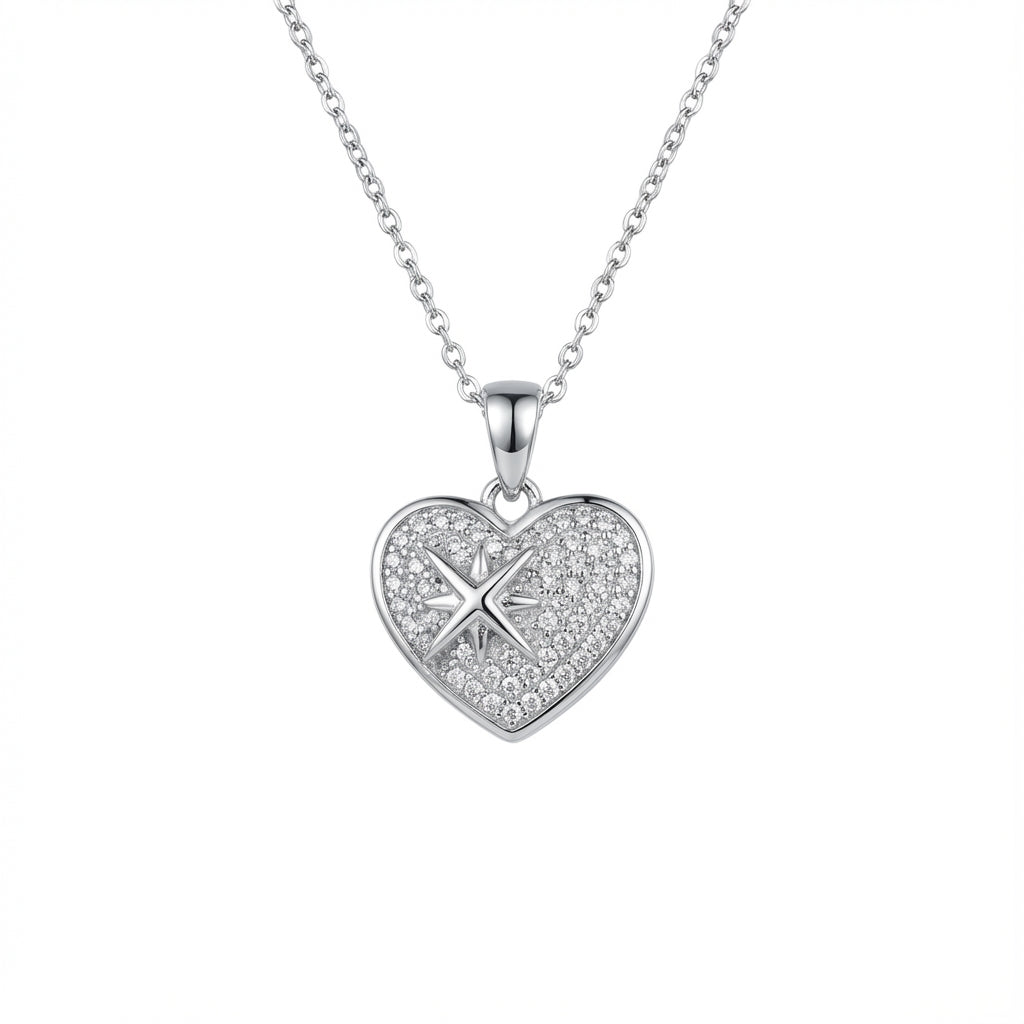 Sterling Silver Rhodium Plated Heart Pendant Necklace with CZ Northern Star