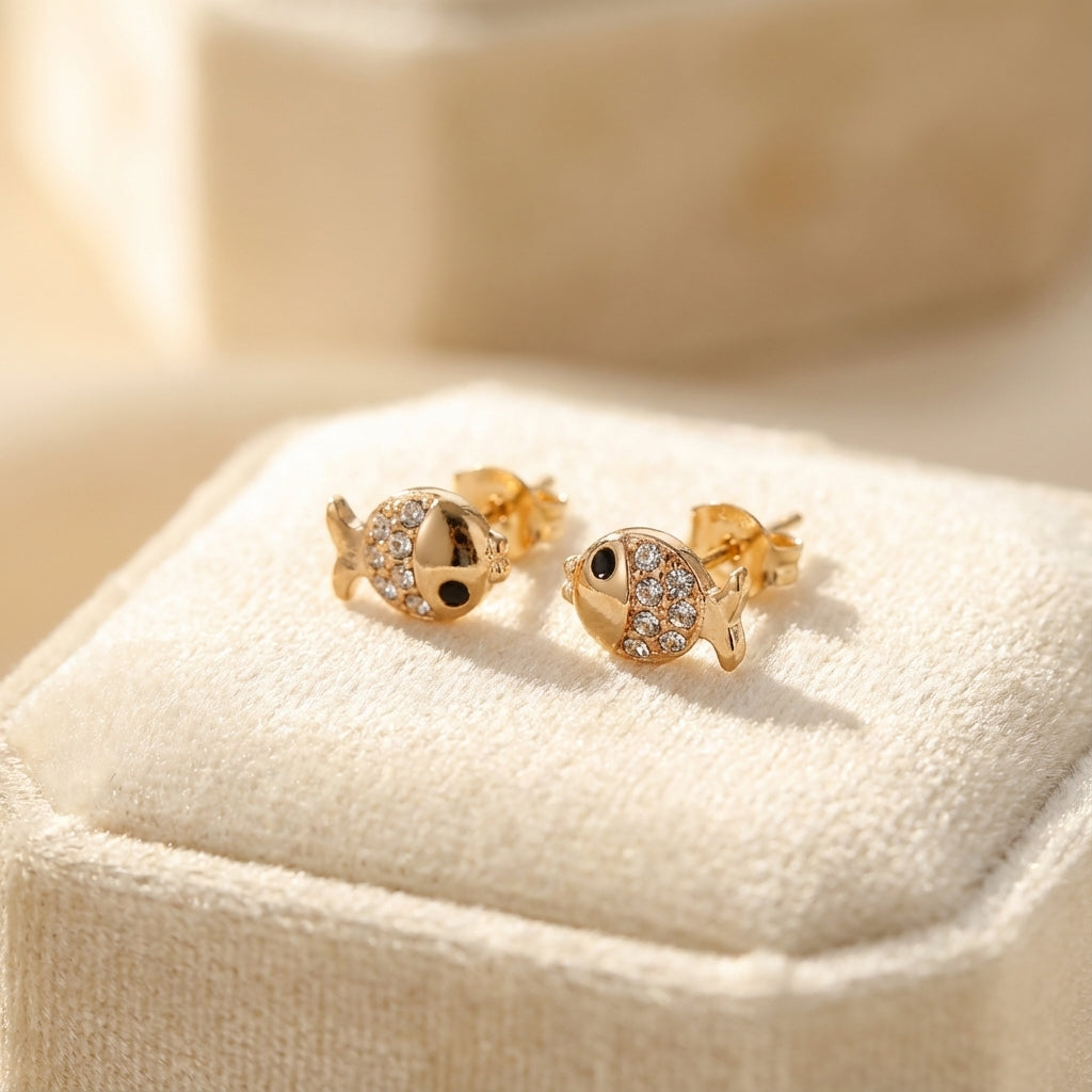 Gold Fish Stud Earrings with Rhinestone Detail from the Fauna Series
