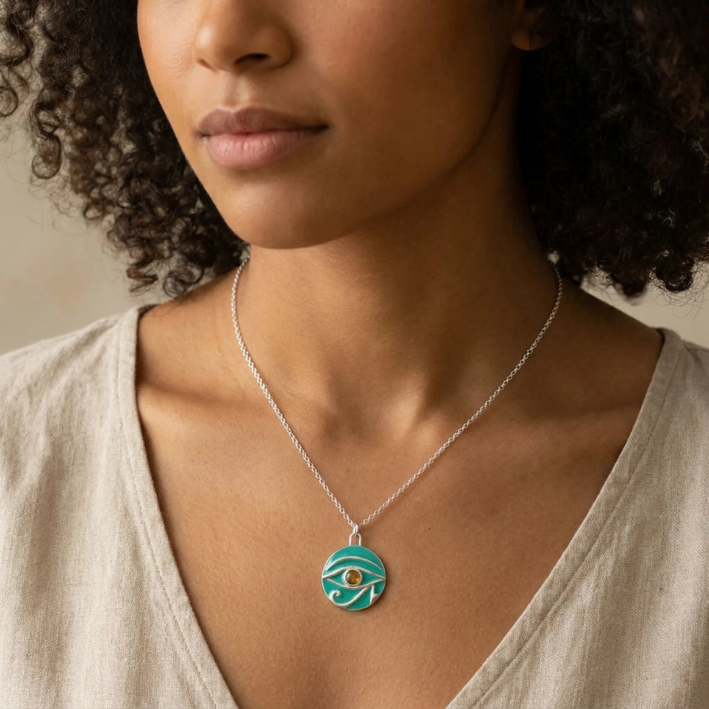 Scale  Size Reference Image of model wearing a necklace 