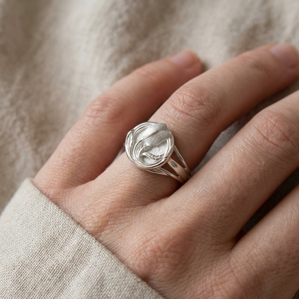 Satin Tulip Silver Ring with Botanical Bypass Design White and Red Enamel