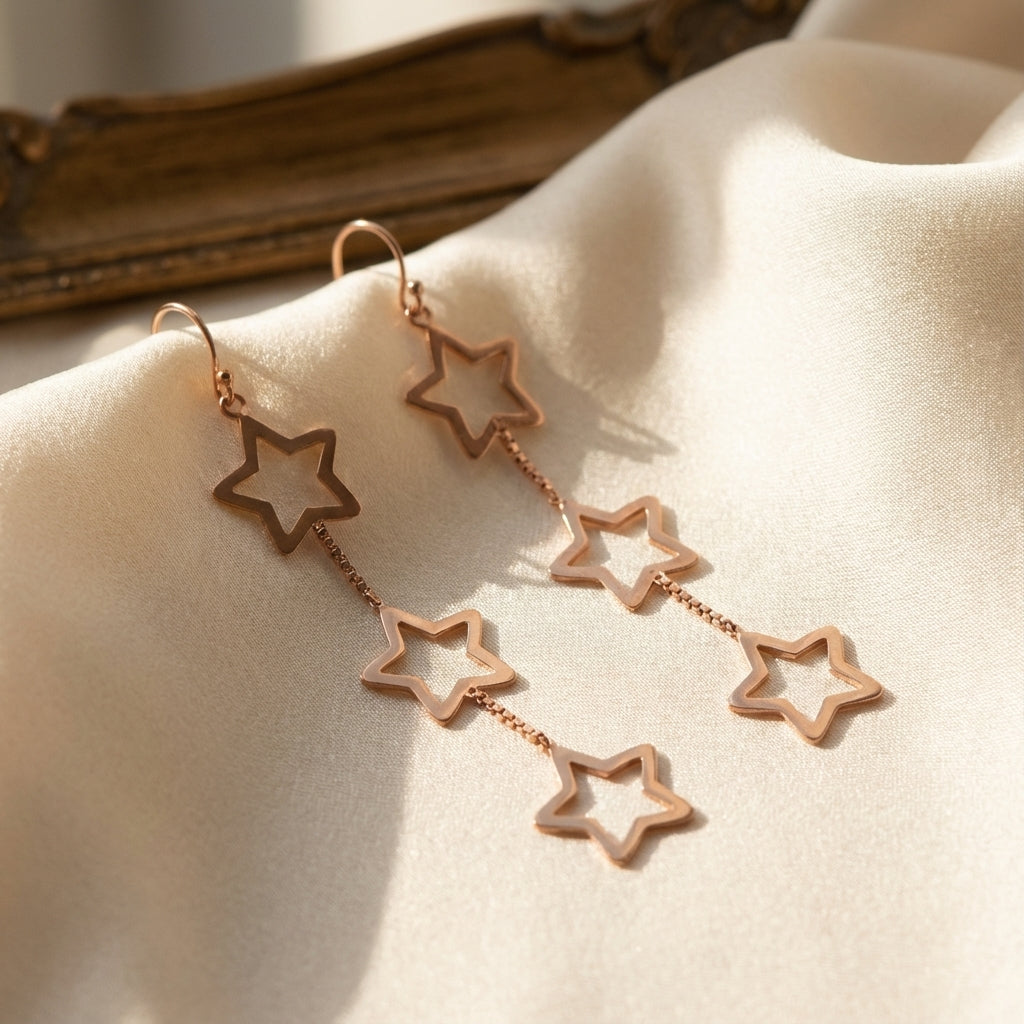 Sterling Silver Triple Star Dangle Earrings – Long Celestial Drop (Silver & Rose Gold Plated)