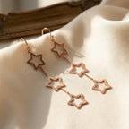 Sterling Silver Triple Star Dangle Earrings – Long Celestial Drop (Silver & Rose Gold Plated)