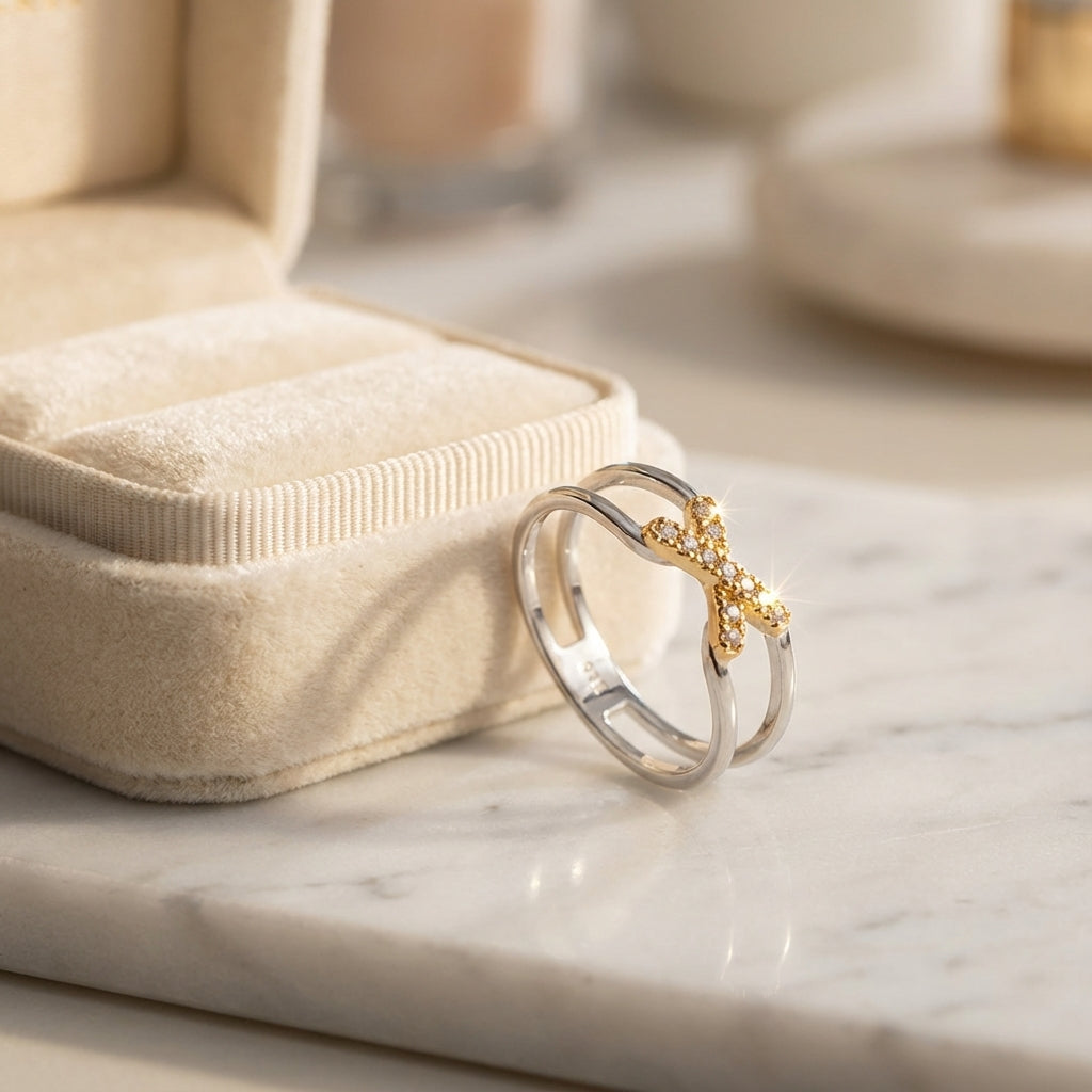 Dual Flow X Ring Elegant Gold-Plated and Silver Cubic Zirconia Jewelry