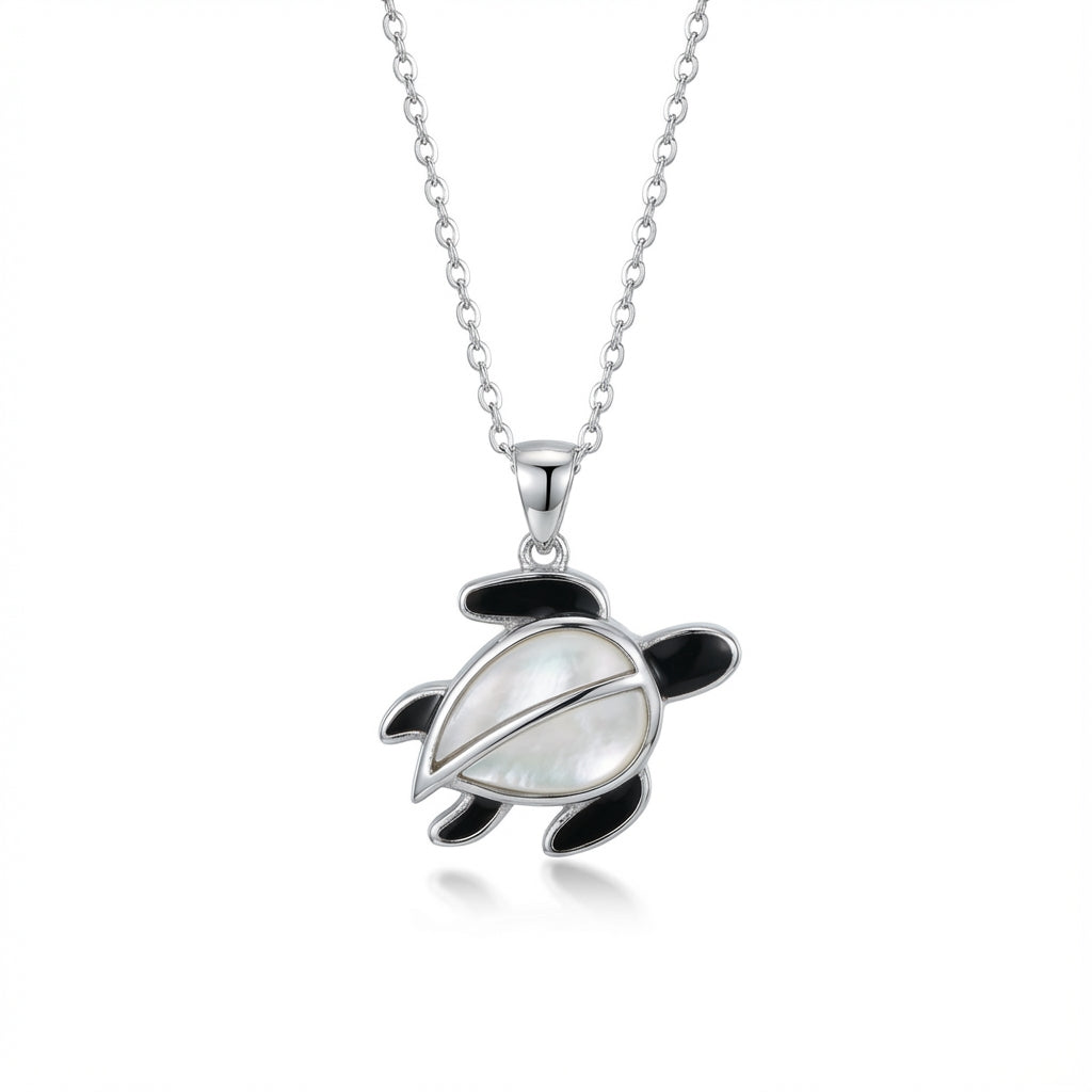 Sea Turtle Necklace Pendant in Sterling Silver with Black Enamel Shell