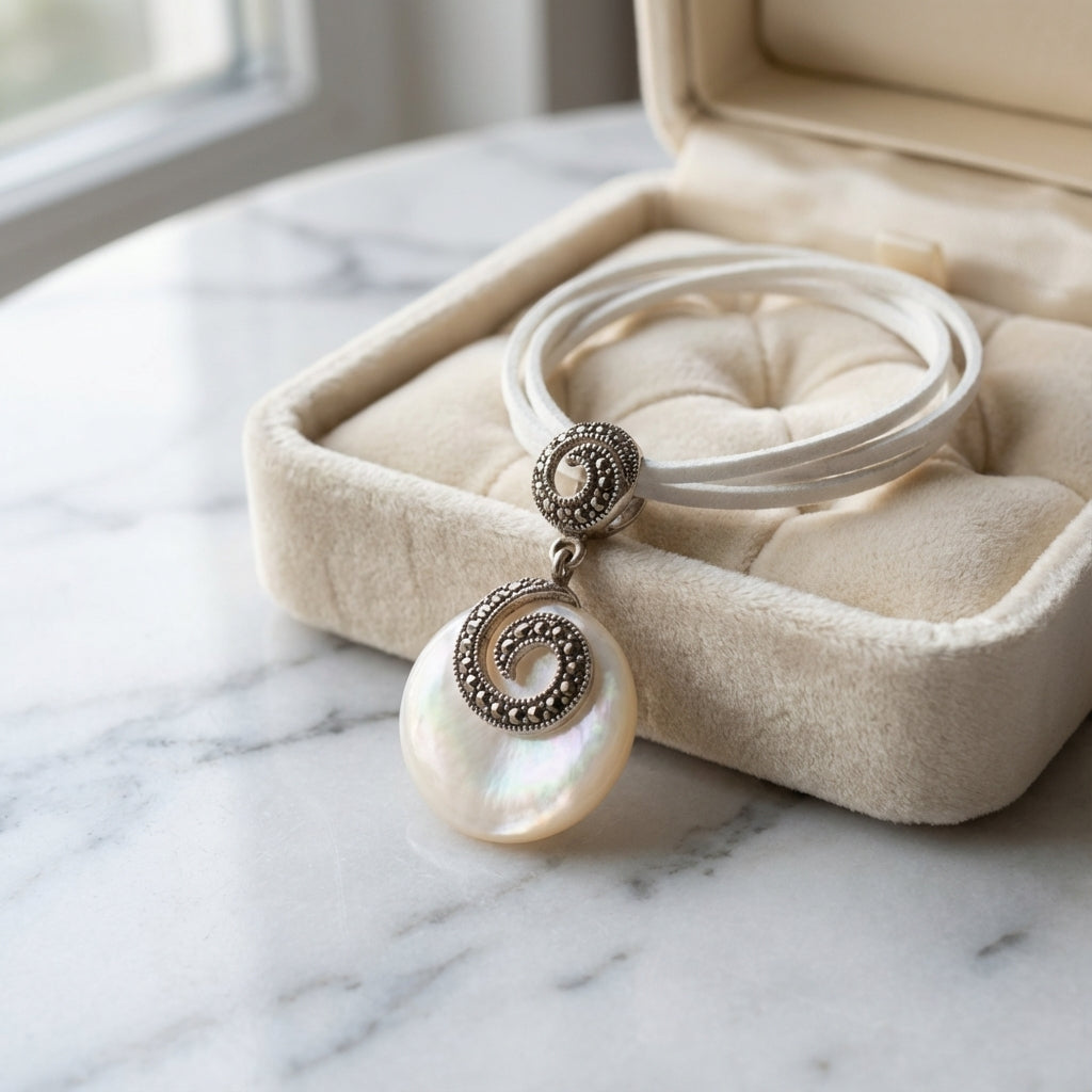 Mother of Pearl & Marcasite Swirl Necklace – Vintage Silver Coin Pendant