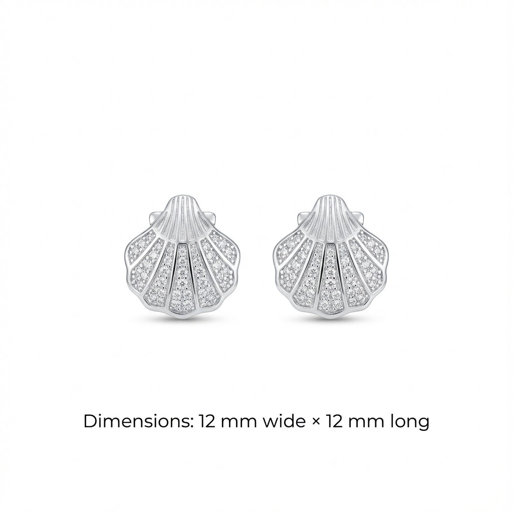 Pavé Silver Shell Stud Earrings in Rhodium Finish