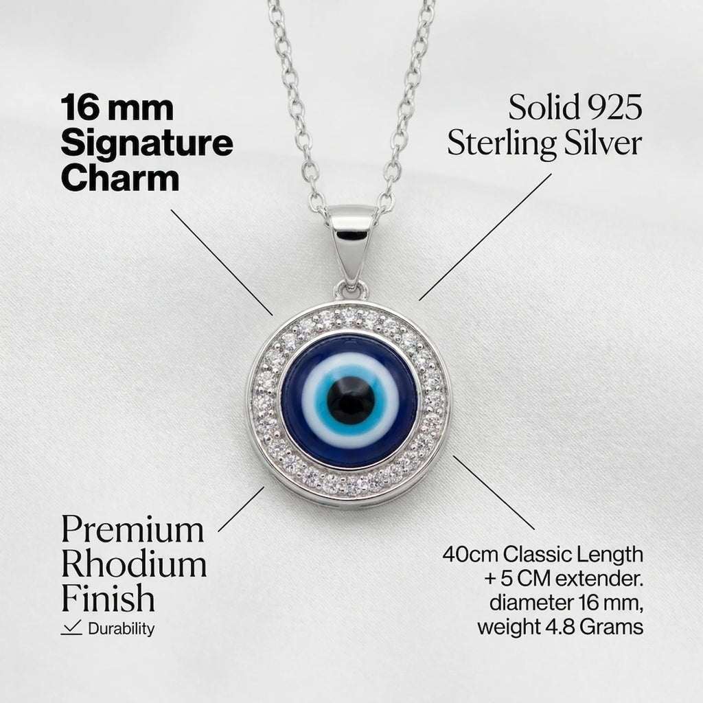 Evil eye pendant necklace with detailed specifications on a white background