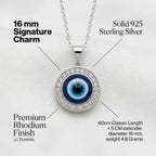 Evil eye pendant necklace with detailed specifications on a white background