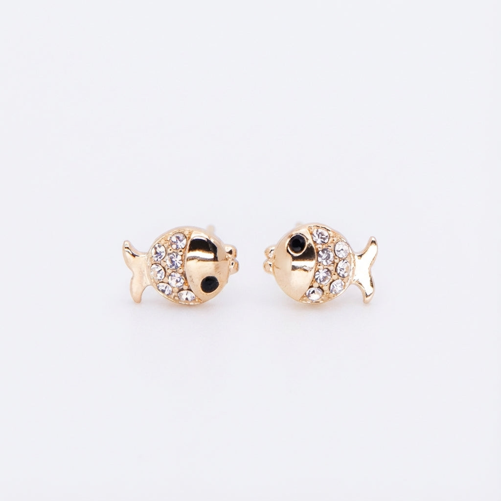 Gold Fish Stud Earrings with Rhinestone Detail from the Fauna Series