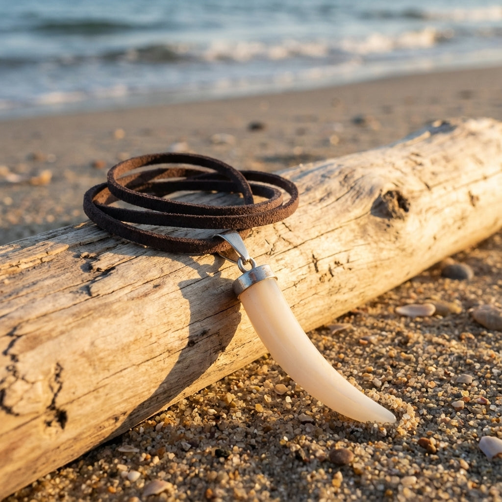 Sterling Silver Mother of Pearl Horn Necklace with Leather Boho Pendant