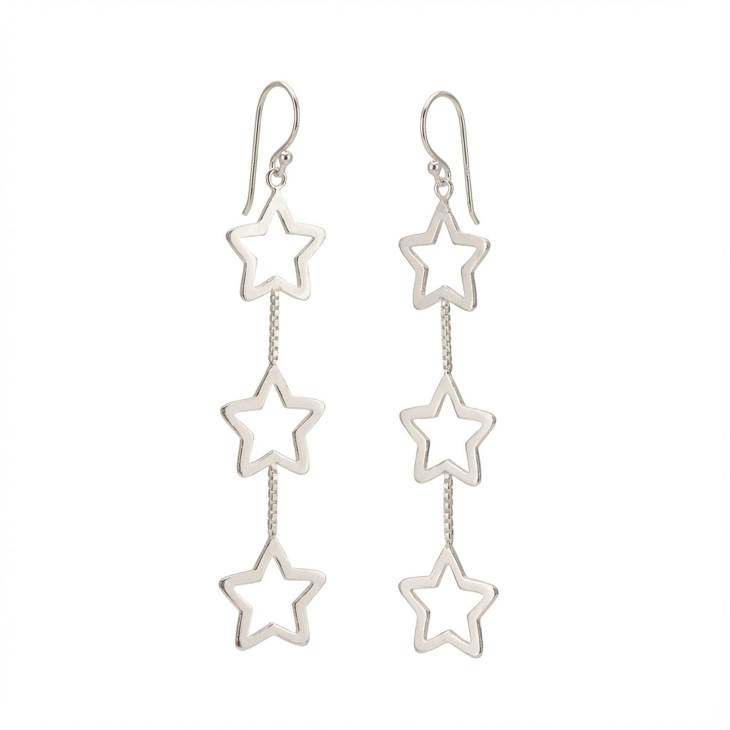 Sterling Silver Triple Star Dangle Earrings – Long Celestial Drop (Silver & Rose Gold Plated)