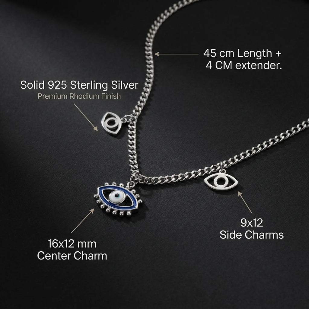 Silver necklace with eye-shaped charms on a black background with required infographic details 