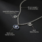 Silver necklace with eye-shaped charms on a black background with required infographic details 