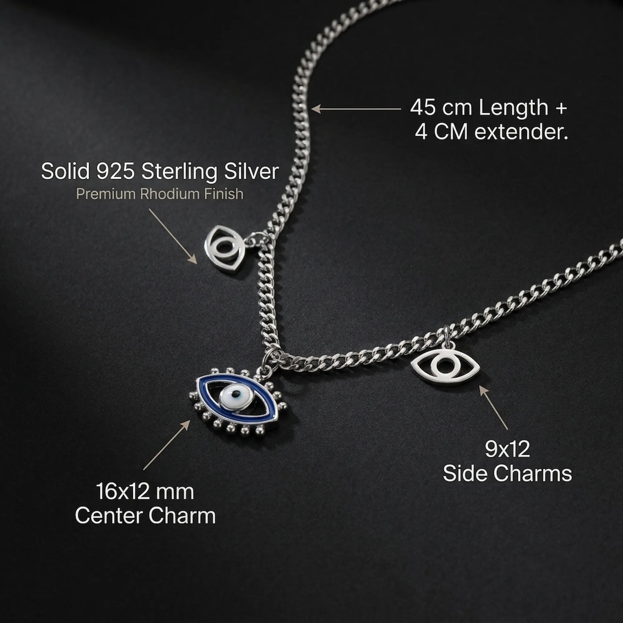 Silver necklace with eye-shaped charms on a black background with required infographic details 