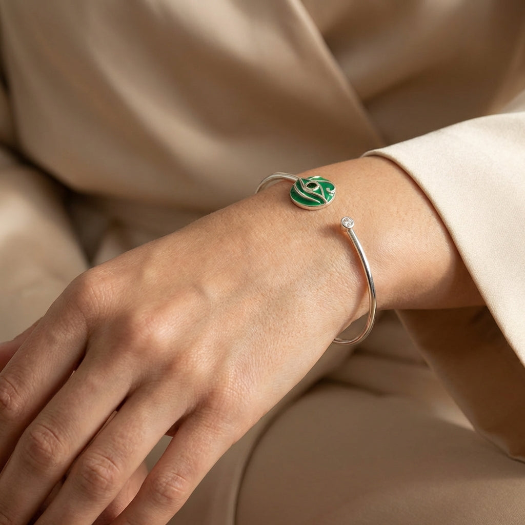 925 Sterling Silver Enamel Evil Eye Cuff Bangle - Peridot, Dual Opal & Sky-Blue Topaz