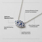 Infographic details Necklace with blue evil eye charm on a gray background
