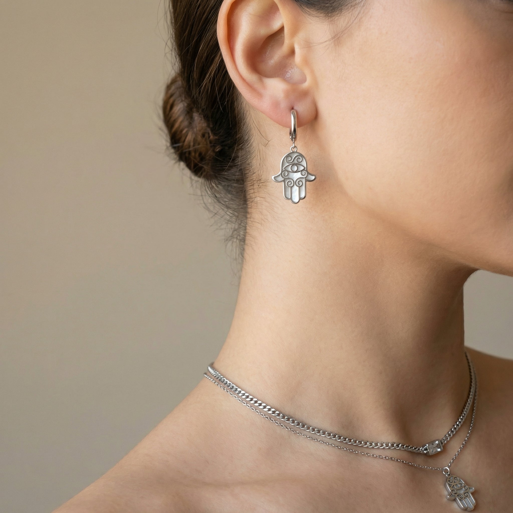 Sterling Silver Layered Hamsa Necklace & Earrings Set – Natural Mother of Pearl & Double Chain