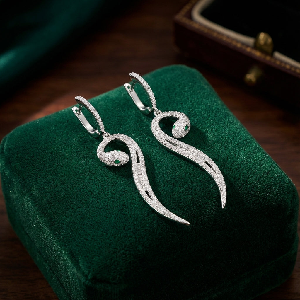 Sterling Silver Paved Serpent Drop Earrings with White CZ and Green Zircon