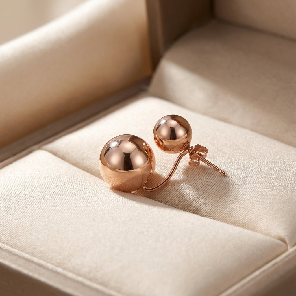 أقراط كروية مطلية بالذهب الوردي من الفضة الإسترلينية، بتصميم 2 في 1، بنمط أمامي وخلفي مزدوج