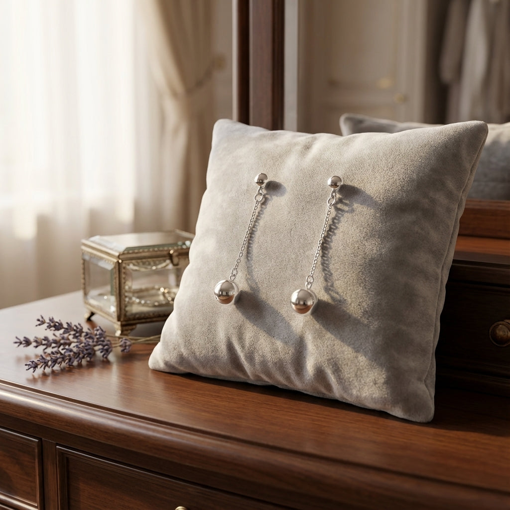 Sterling Silver Chain Drop Earrings with Polished Sphere Modern Style