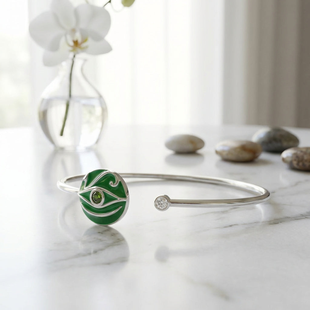 925 Sterling Silver Enamel Evil Eye Cuff Bangle - Peridot, Dual Opal & Sky-Blue Topaz