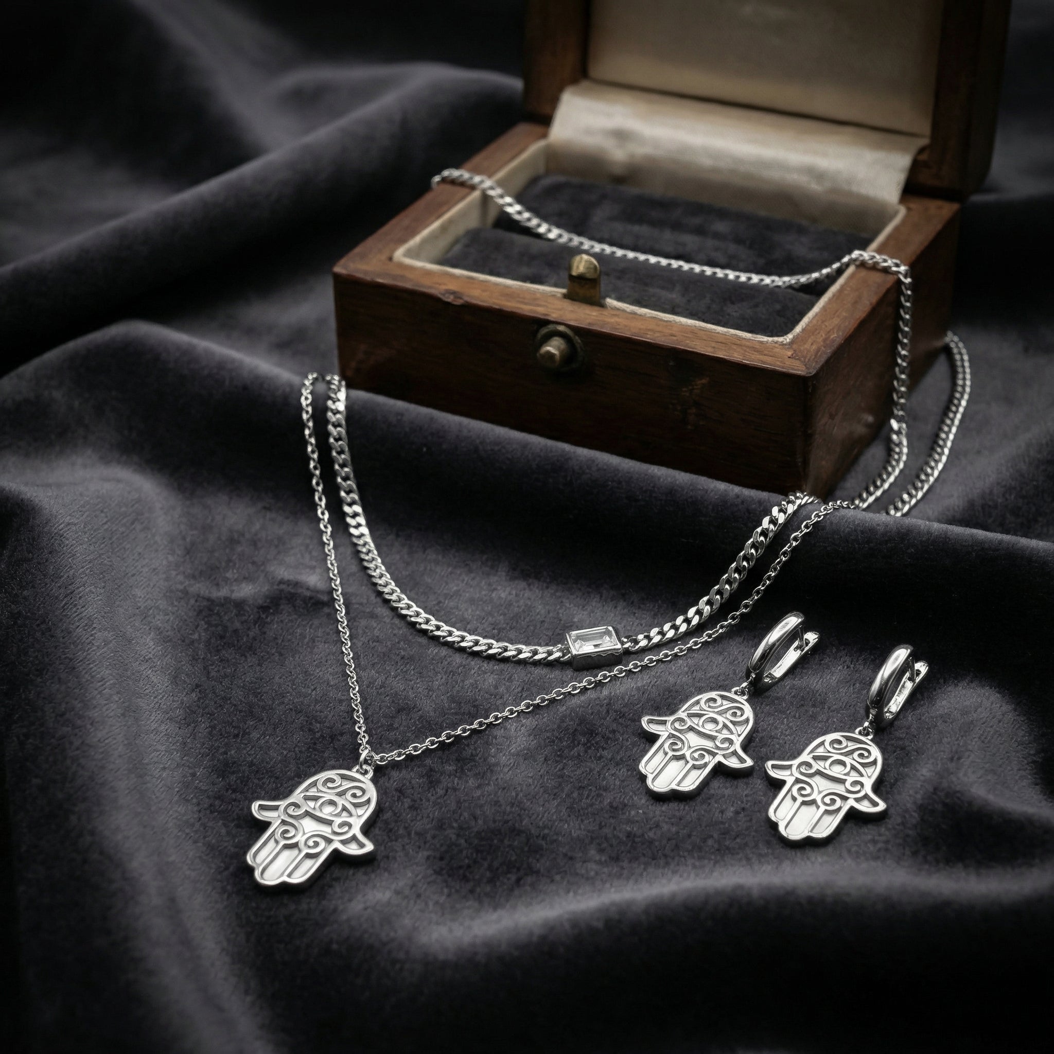 Sterling Silver Layered Hamsa Necklace & Earrings Set – Natural Mother of Pearl & Double Chain