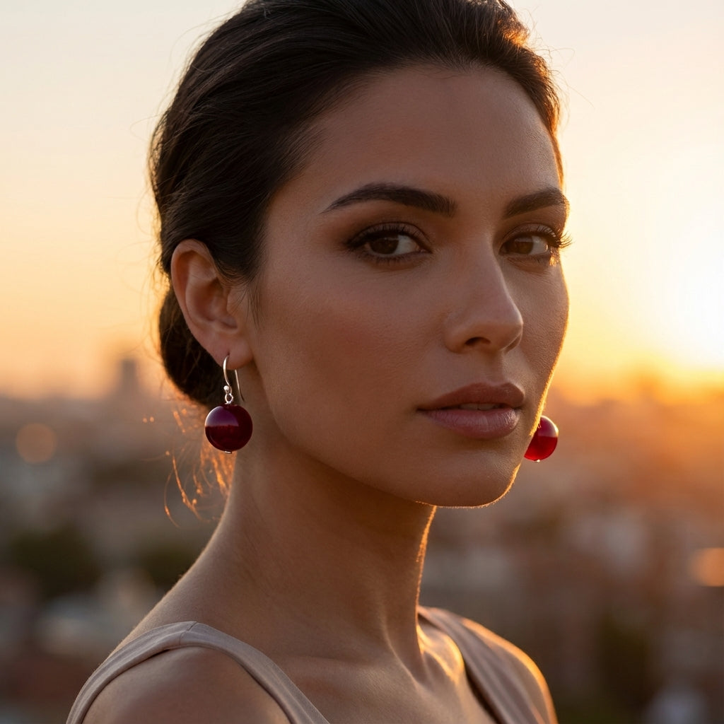 Burgundy Sphere Drop Earrings in Solid 925 Silver
